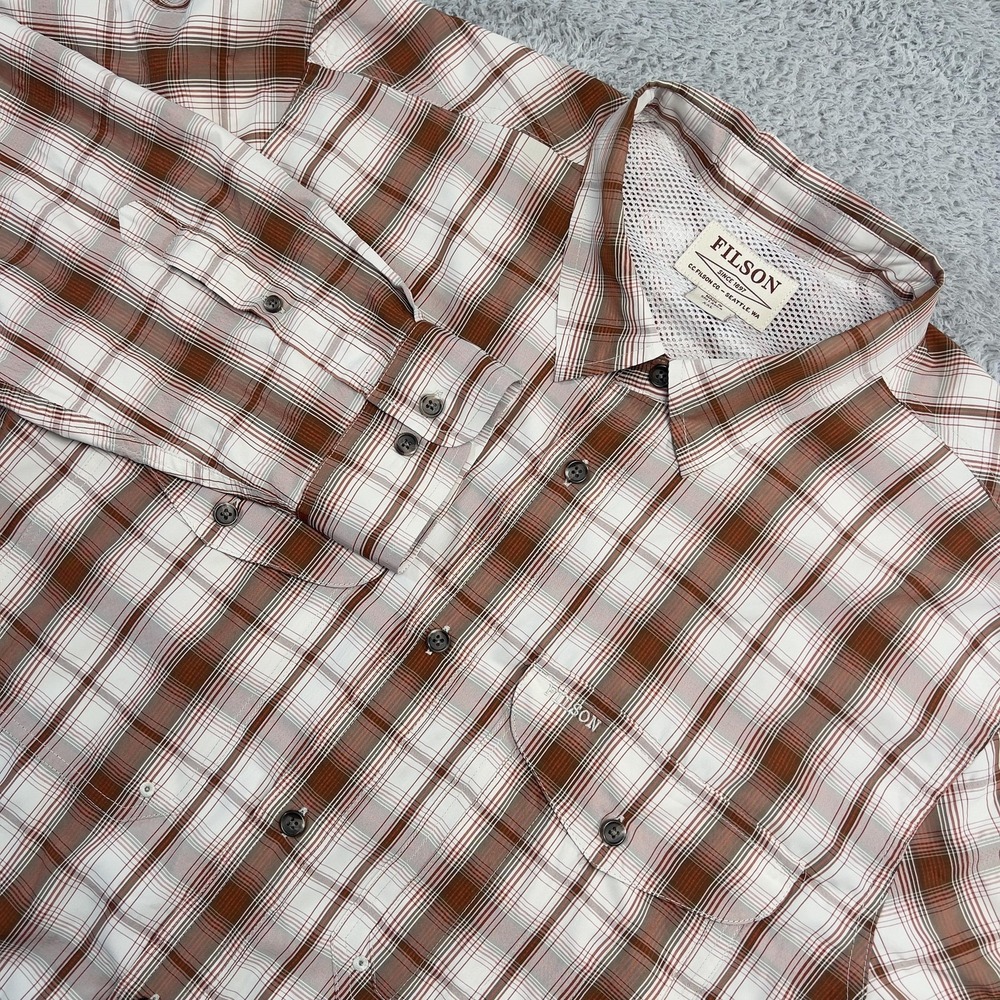Filson Twin Lakes Shirt Mens 2XL Orange Plaid Fishing Lightweight Outdoor Vented